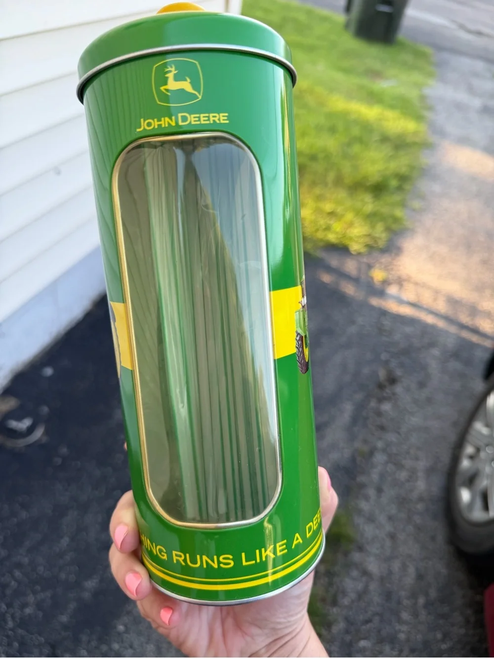 John Deere Green and Yellow Tin Canister with Logo Window